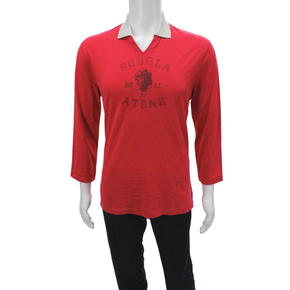 Brunello Cucinelli Mens T Shirt Red 3/4 Sleeve Graphic Collared Cotton Size L